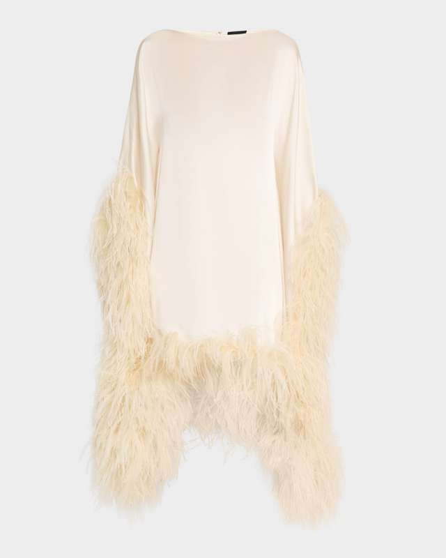 Feather-Trim Satin Oversized Cape Dress